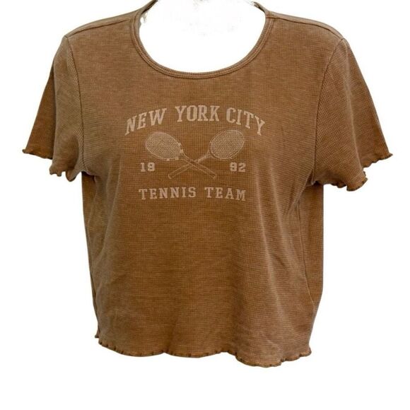 LG American Eagle Graphic Crop Top T Shirt Camel Brown Waffle Knit Tennis Team N - Picture 2 of 5